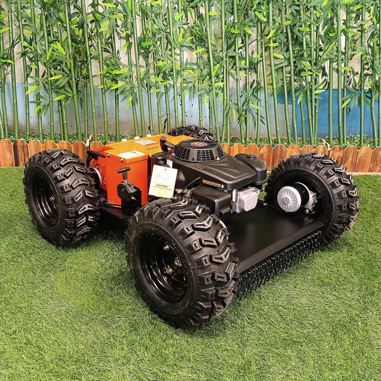 radio controlled track tank lawn mower made by Vigorun Tech, Vigorun remotely controlled wheeled grass trimming machine for sale