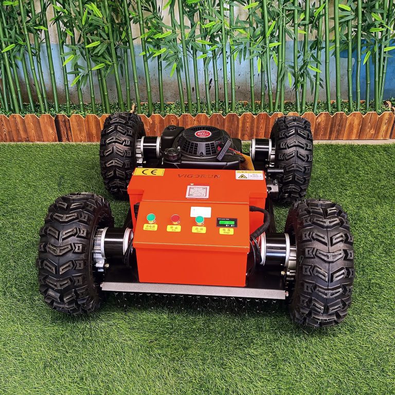 RC track grass cutter made by Vigorun Tech, Vigorun remote operated wheeled grass cutting machine for sale