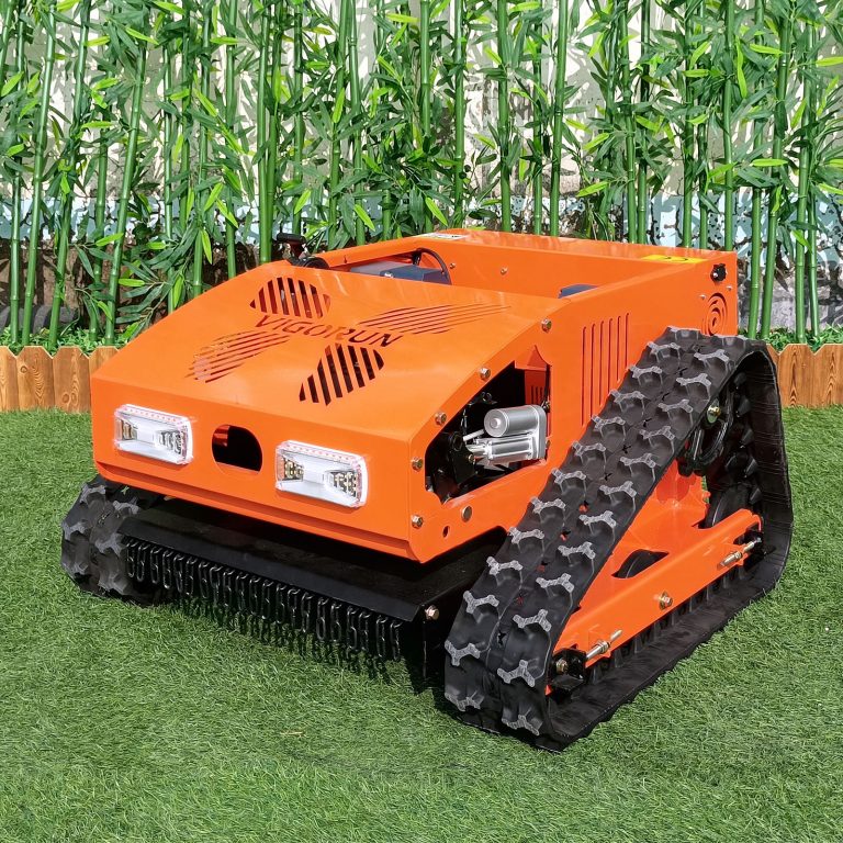 remotely controlled wheeled lawn cutter machine made by Vigorun Tech, Vigorun wireless radio control caterpillar lawn mower for sale