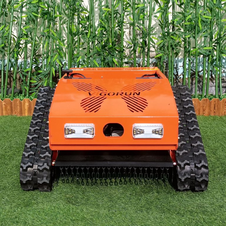 wireless radio control caterpillar weed reaper made by Vigorun Tech, Vigorun RC track-mounted slasher mower for sale